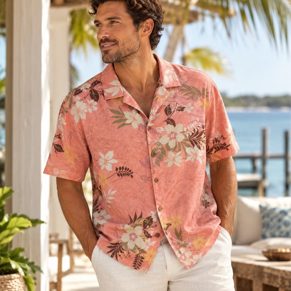 Tommy Bahama Mens Large 100% Silk Floral Camp Shirt Coral Pink Short Sleeve